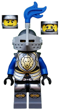 Castle - King's Knight Armor with Lion Head with Crown, Helmet with Pointed Visor, Blue Plume, Determined / Open Mouth